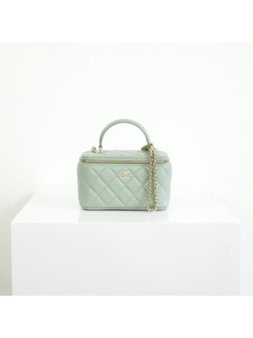 Chanel Top Handle Vanity Case Light Green with Chain, Full set